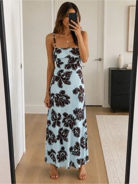 Paper Heart Blue & Brown Floral Maxi Dress – Size Large – NWT
